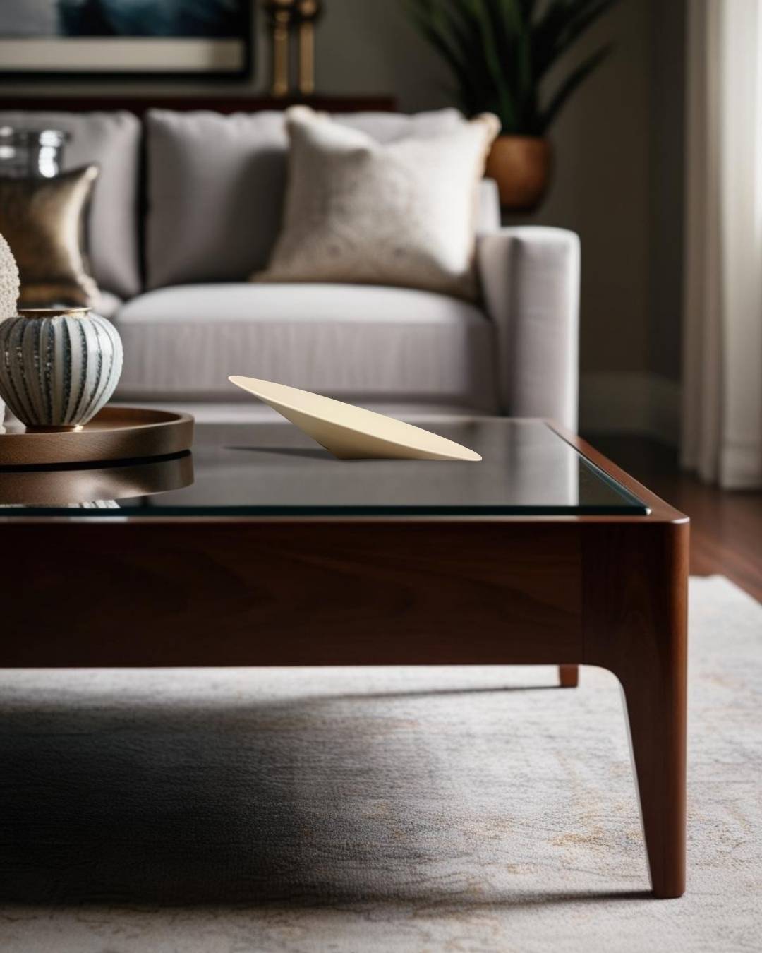 Decorative porcelain bowl on a glass coffee table in a rustic-modern living room with neutral sofa, textured cushions, and warm ambient lighting