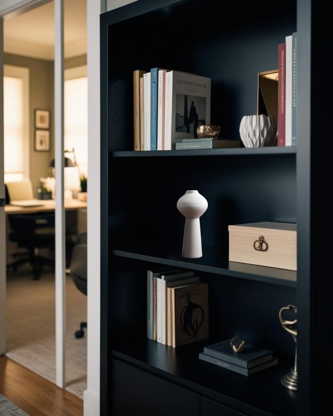 White ceramic vase on bookcase in a transitional home office