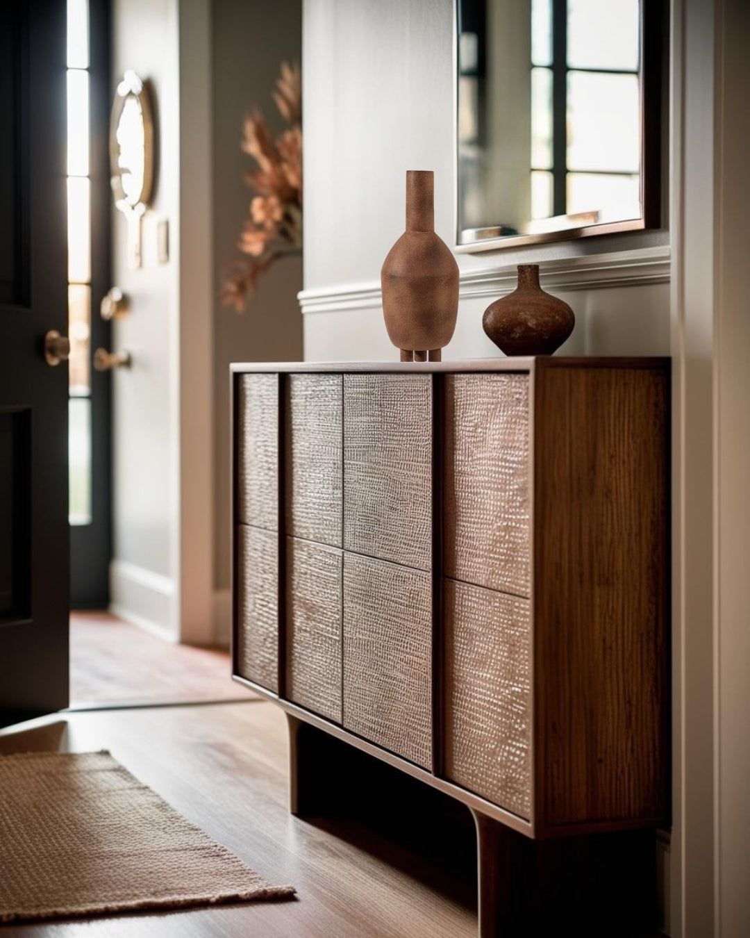 Tall terracotta ceramic vase on entry table in a Wabi-Sabi Japandi style entry