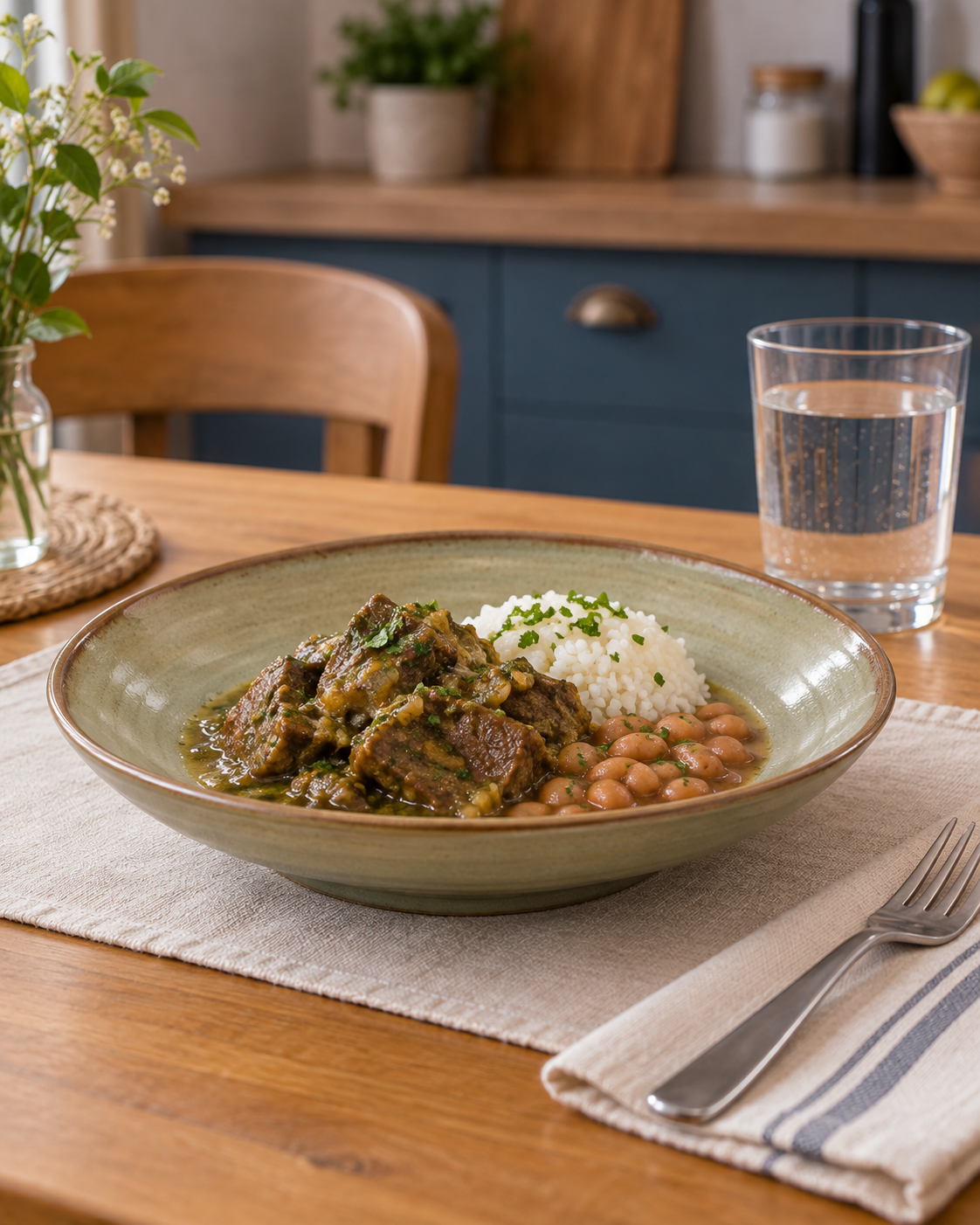 Plato hondo gris oliva con borde marrón – Niebla