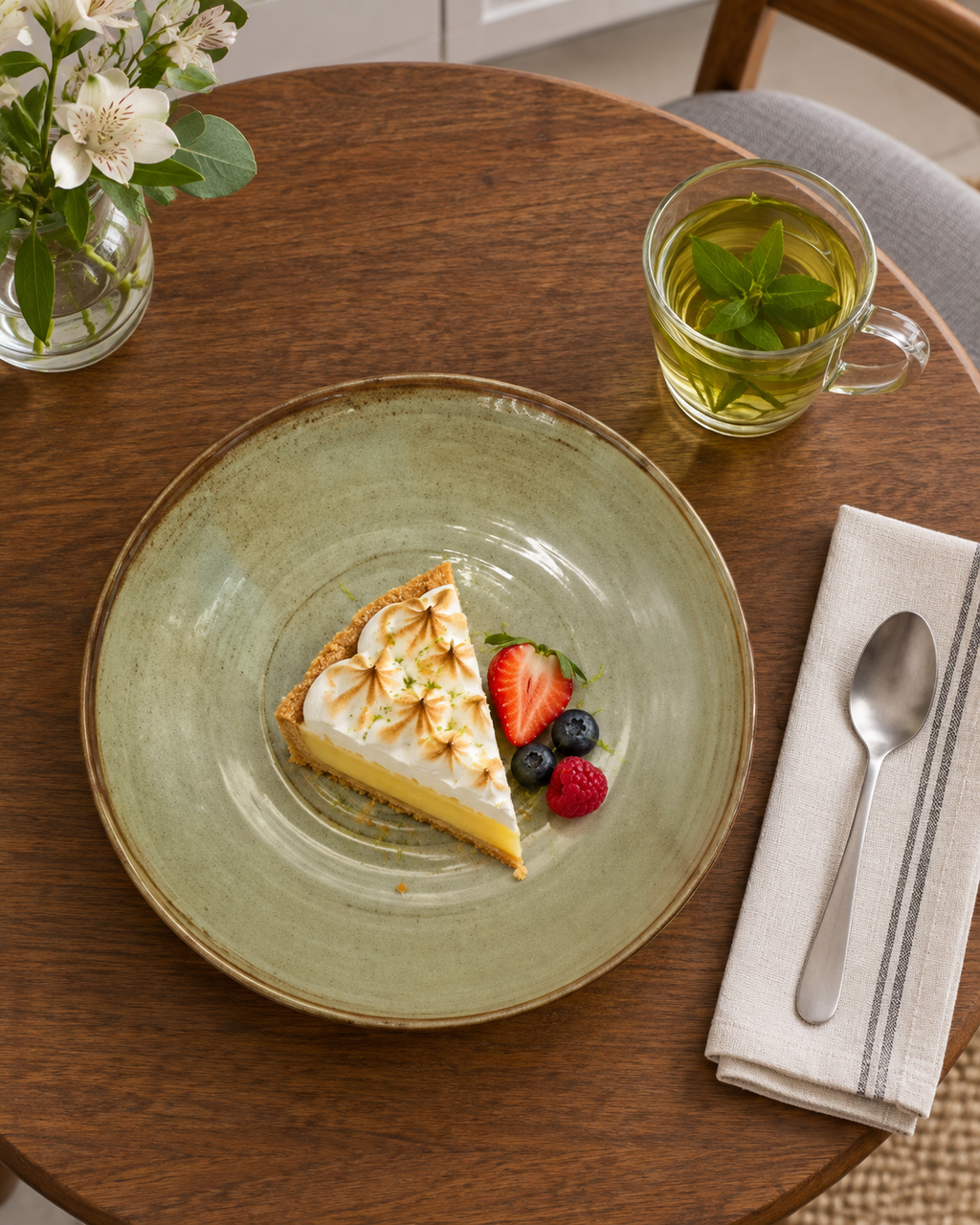 Plato hondo gris oliva con borde marrón – Niebla