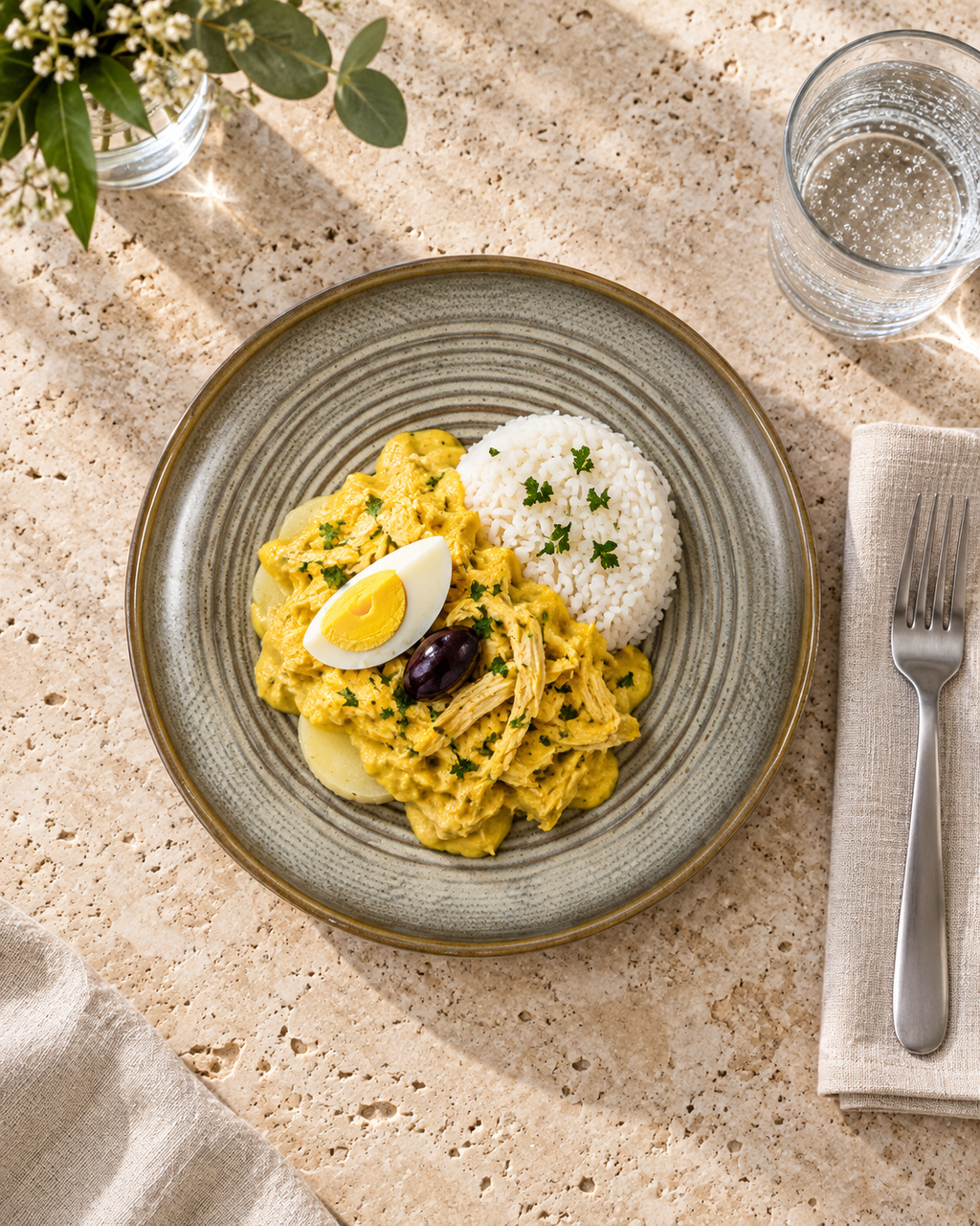 Plato plano, oliva claro con anillos y borde miel – Olivo