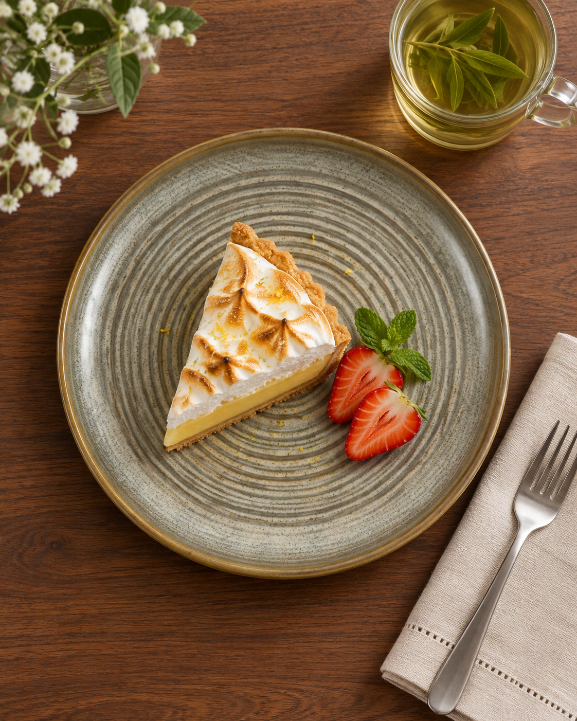 Plato plano, oliva claro con anillos y borde miel – Olivo