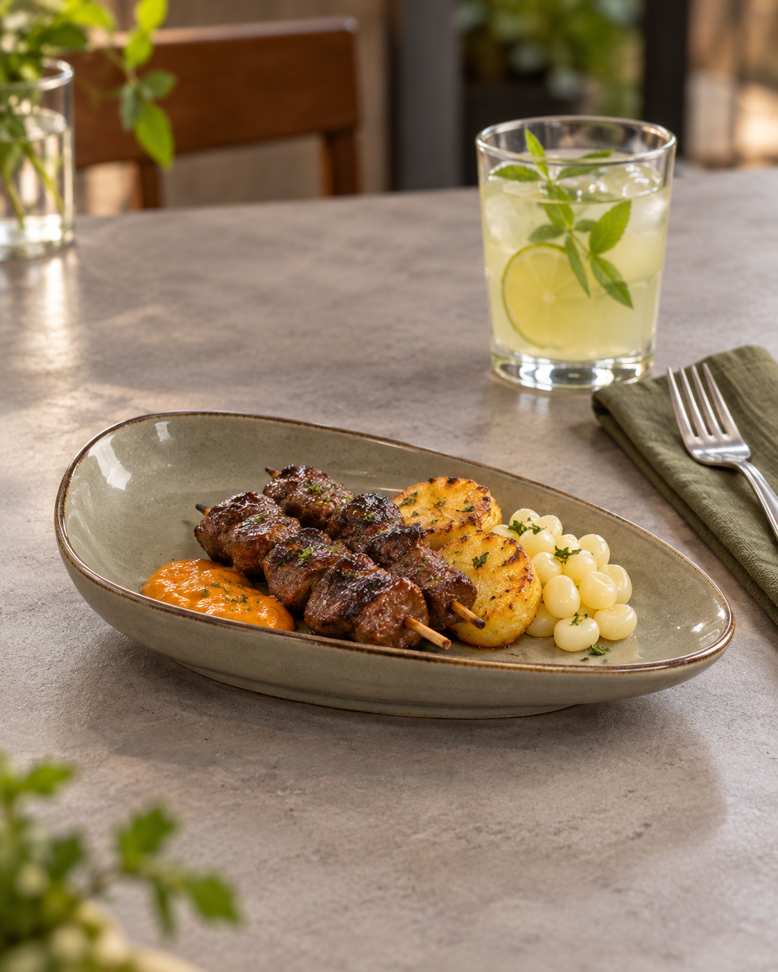 Plato alargado gris topo y salvia – Guijarro