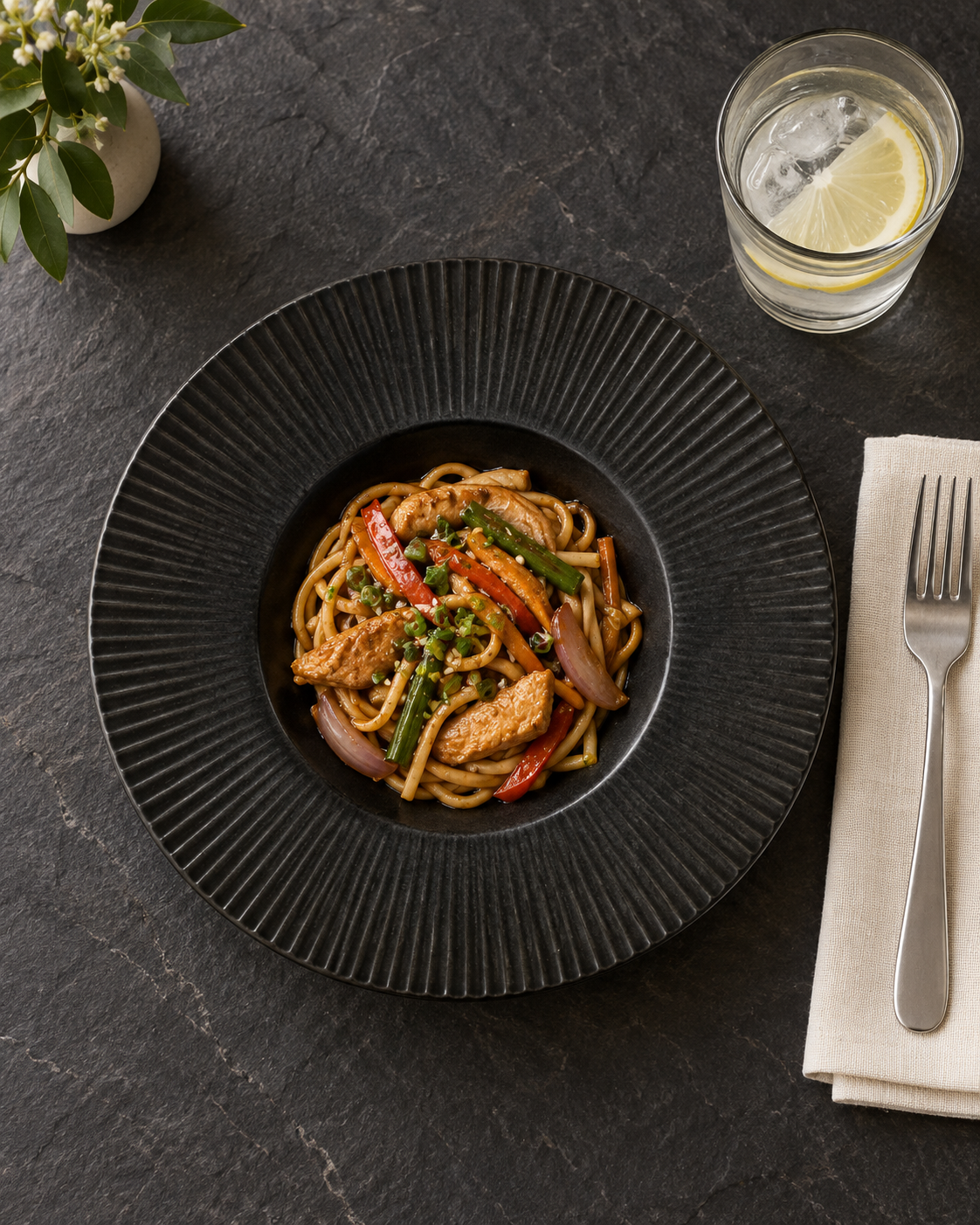 Plato para pasta negro con ala estriada – Rayo