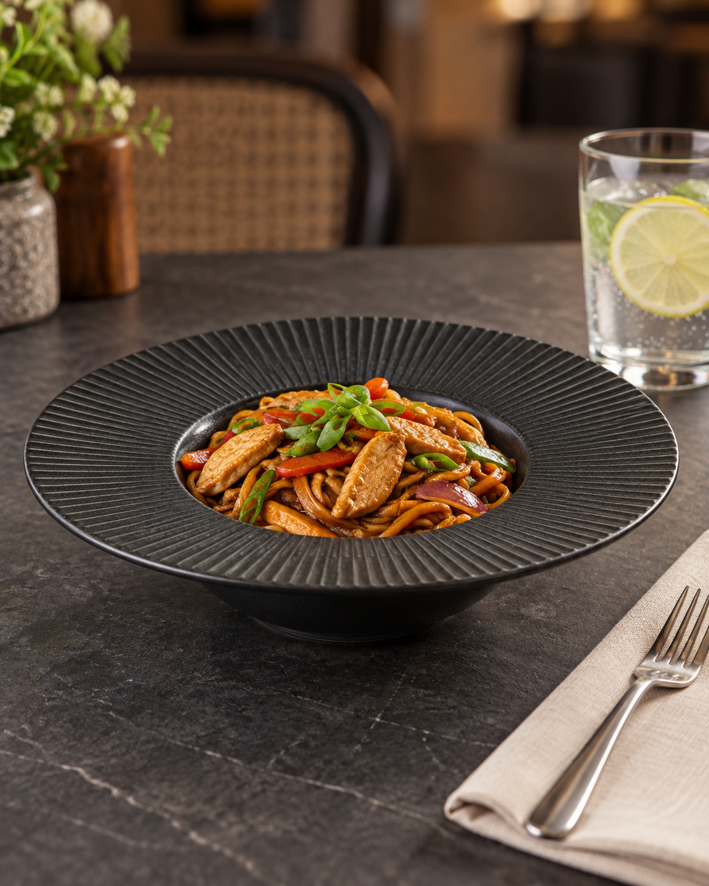 Plato para pasta negro con ala estriada – Rayo