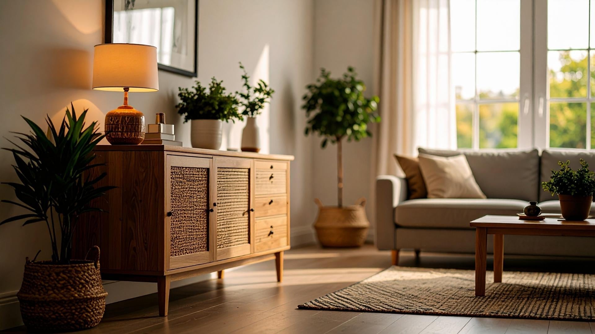Living room with wooden sideboard, sofa, and decorative plants