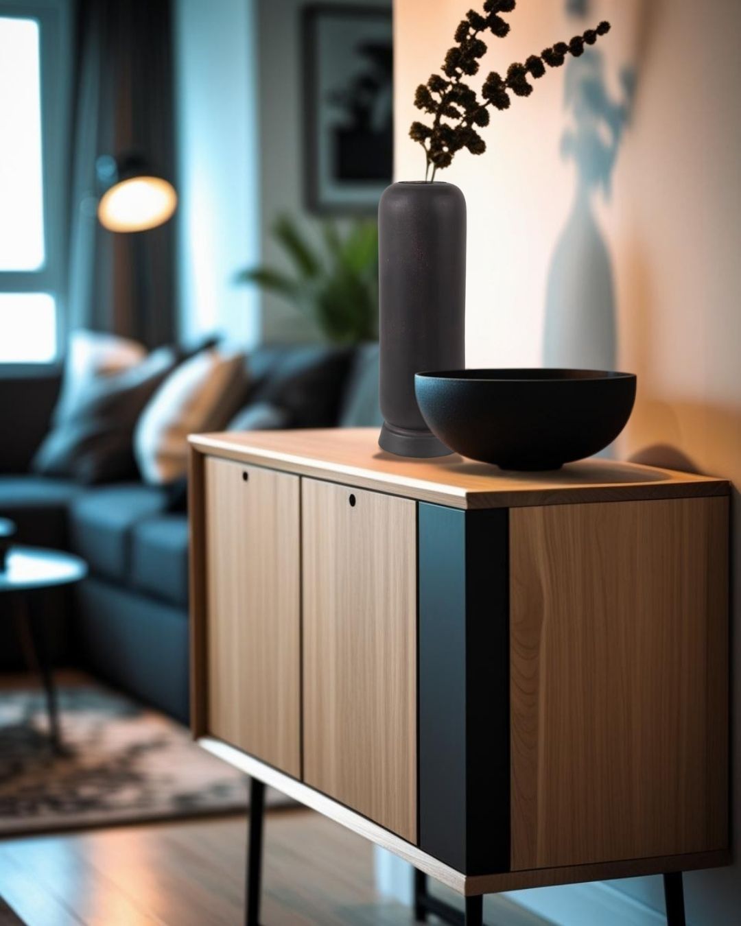 Wooden entry table with decorative items in a living room setting