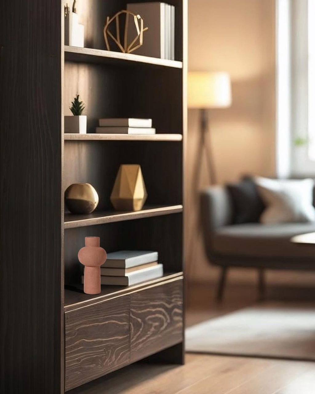 bookcase with decorative items in a living room setting