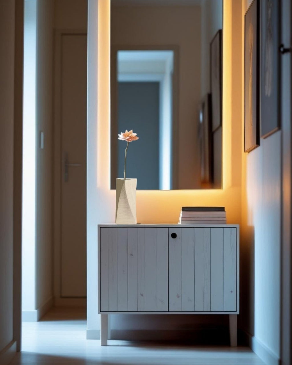 Modern interior with a light-colored entry table, mirror, and decorative items.