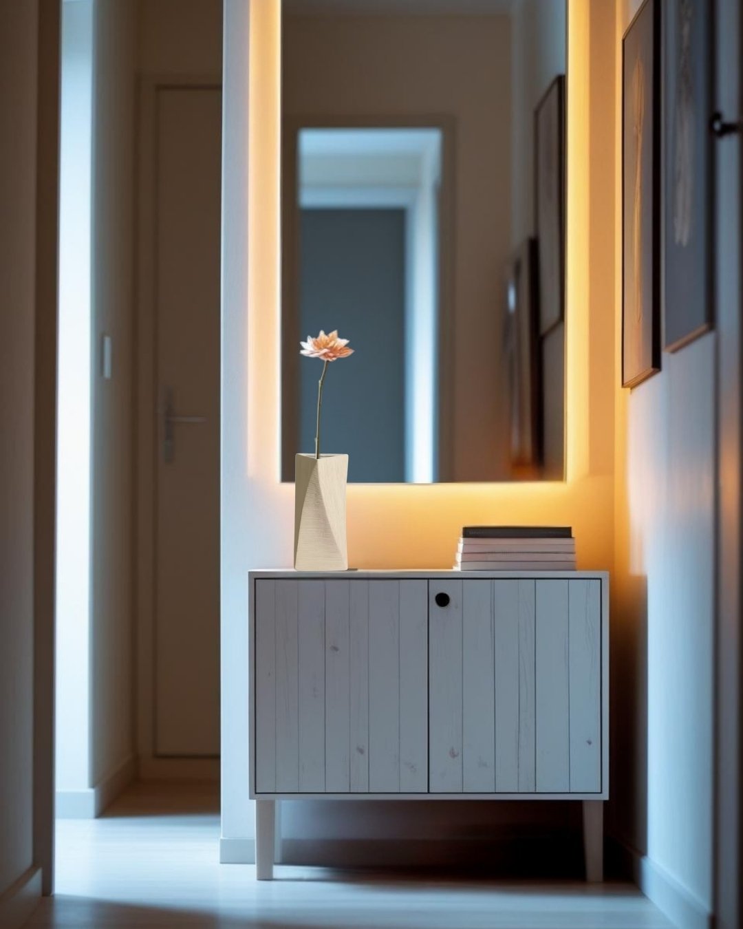 Modern interior with a light-colored entry table, mirror, and decorative items.