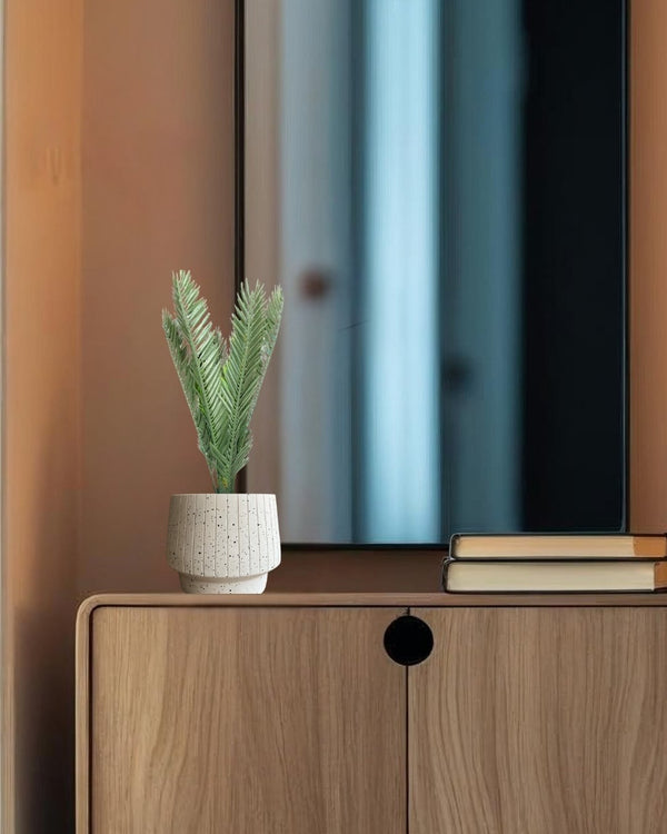 Wooden entry table with a plant and books on a blurred background