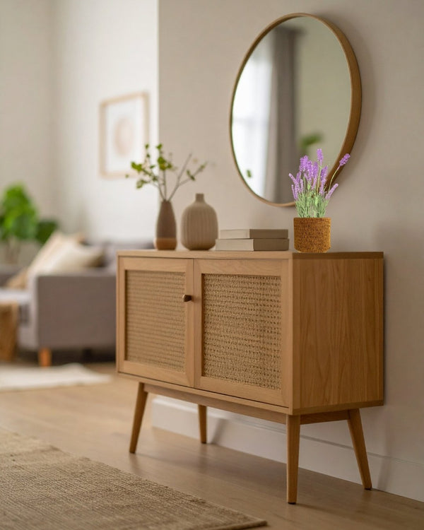 Wooden entry table  with round mirror and decorative items in a living room setting