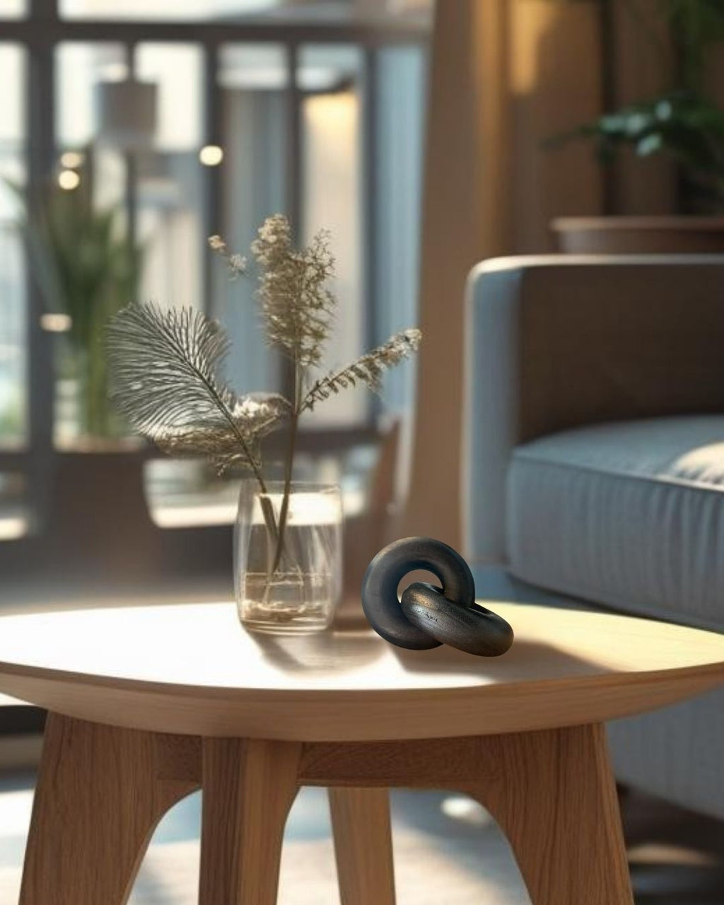 coffee table with a vase of dried plants and a black decorative knot