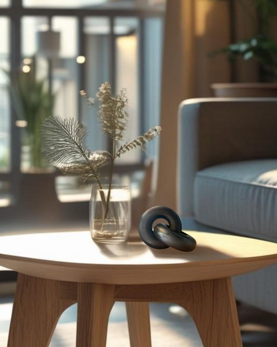 coffee table with a vase of dried plants and a black decorative knot