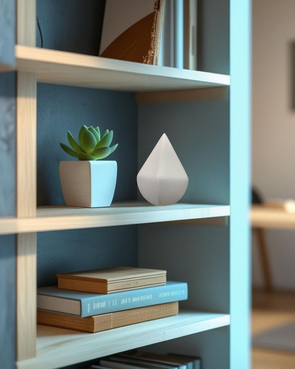 bokcase with decorative items including a white vase, green plant, and books against a blue wall.