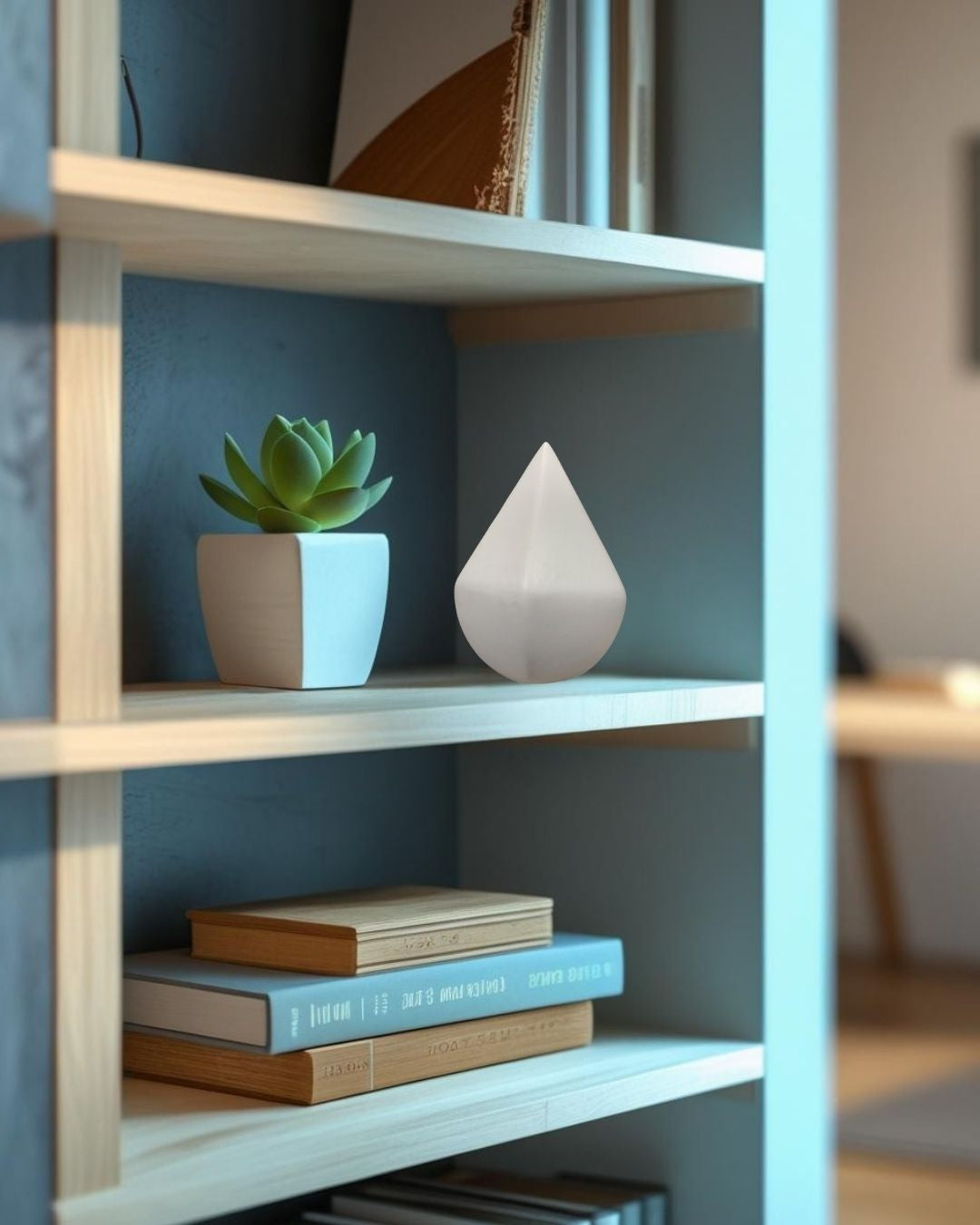 bokcase with decorative items including a white vase, green plant, and books against a blue wall.