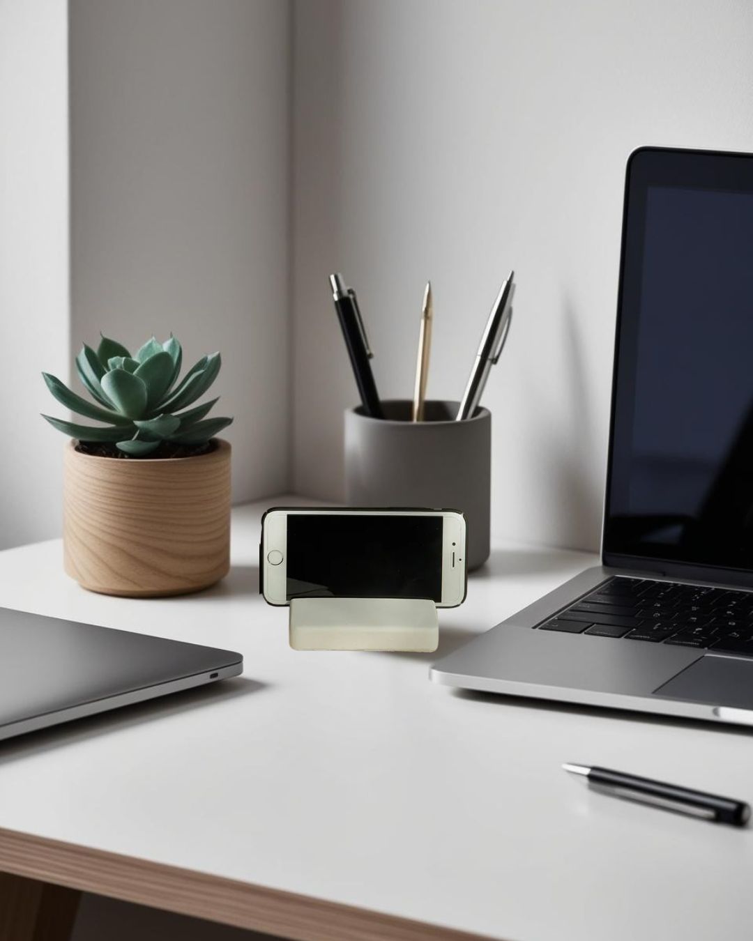 Modern decorative mobile stand placed on desk next to a succulent plant and laptop