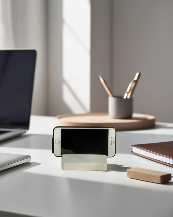 Minimalist smartphone stand on white desk in modern home office with sunlight and neutral decor