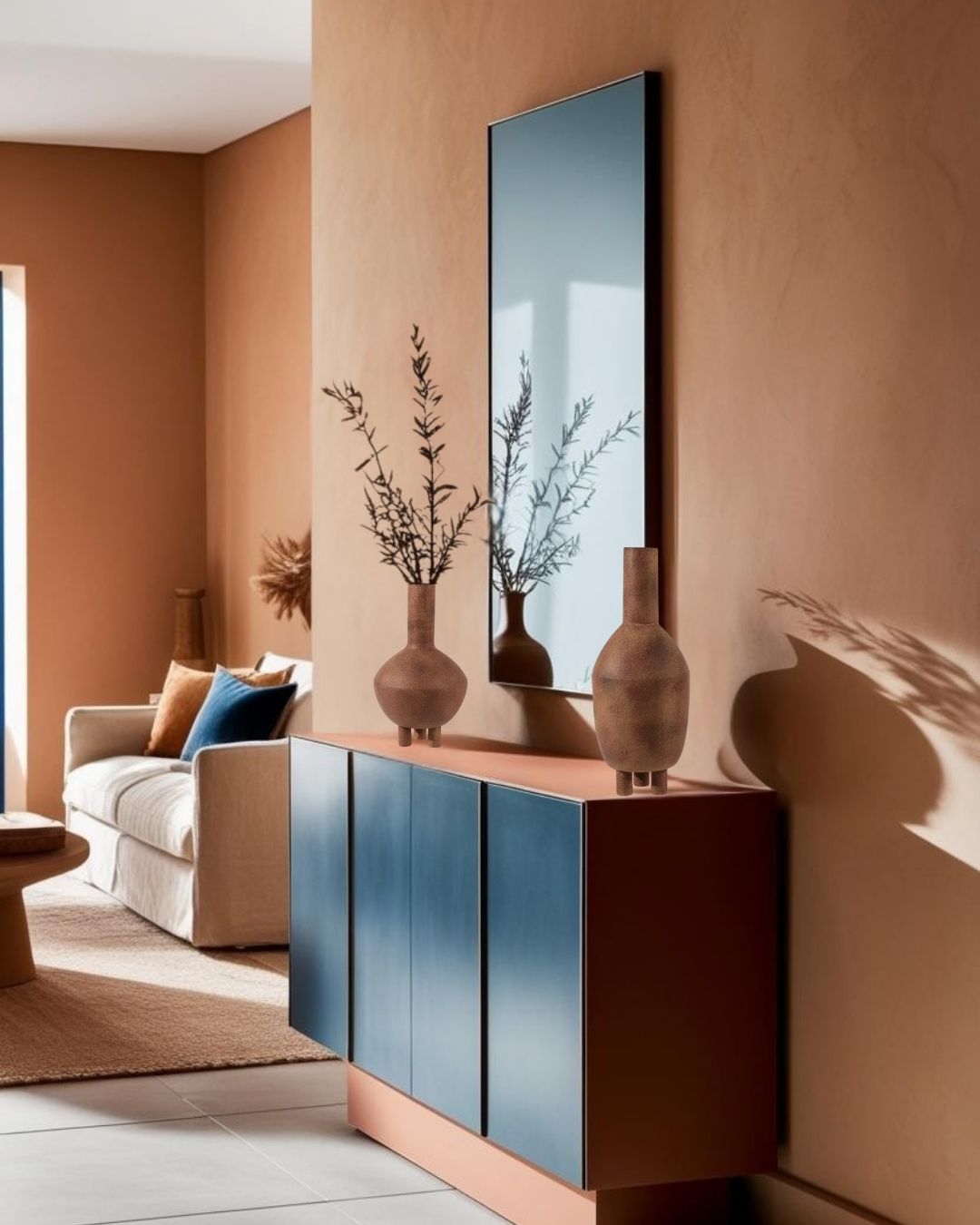 Pair of terracotta Japandi wabi-sabi ceramic vases with dried branches styled on a modern console table with a large mirror, in a warm minimalist living room with earthy tones

