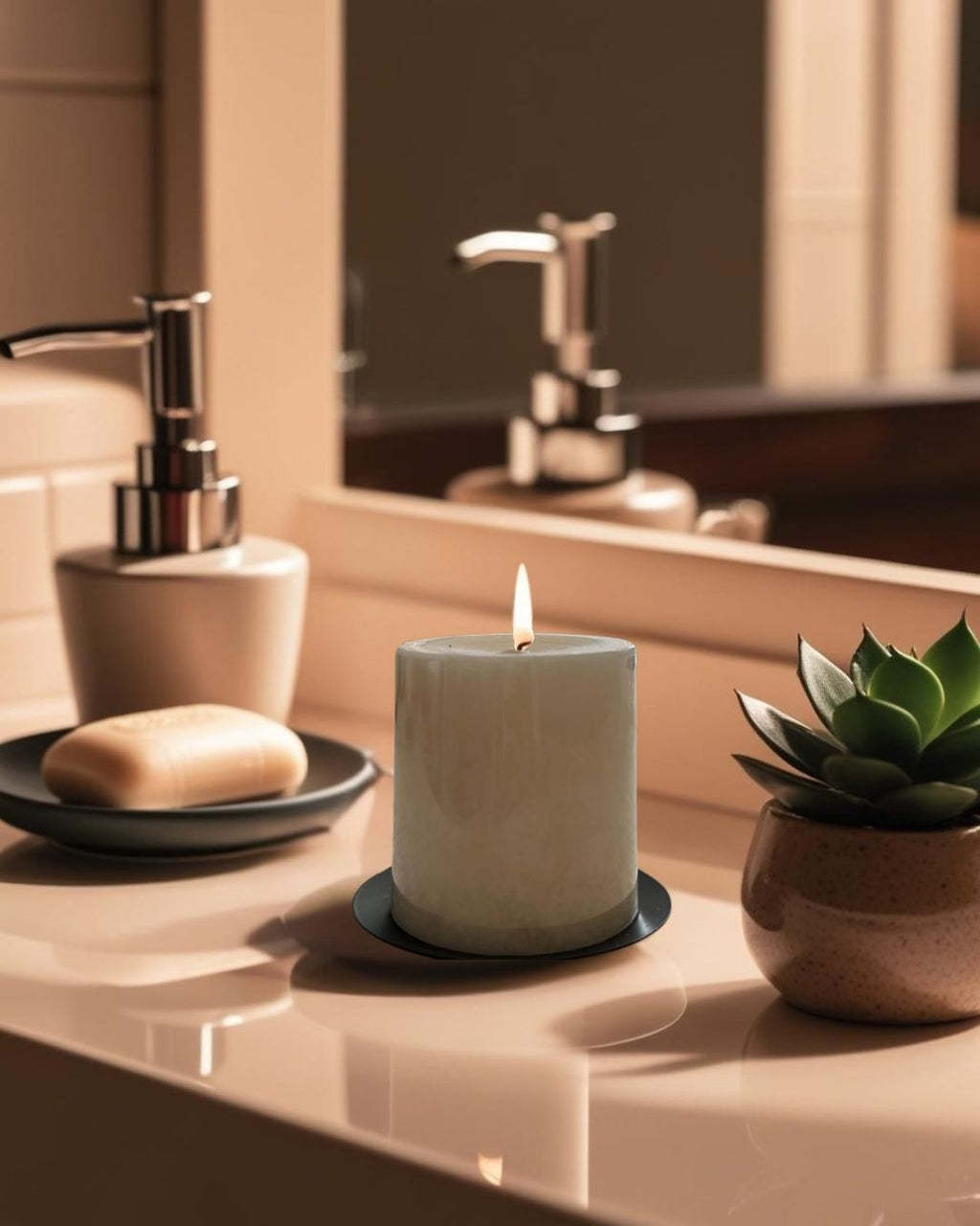 A lit candle is placed on a metal holder with a round shape, situated on a flat surface, with a soap dispenser and a potted plant in the background. In the bathroom