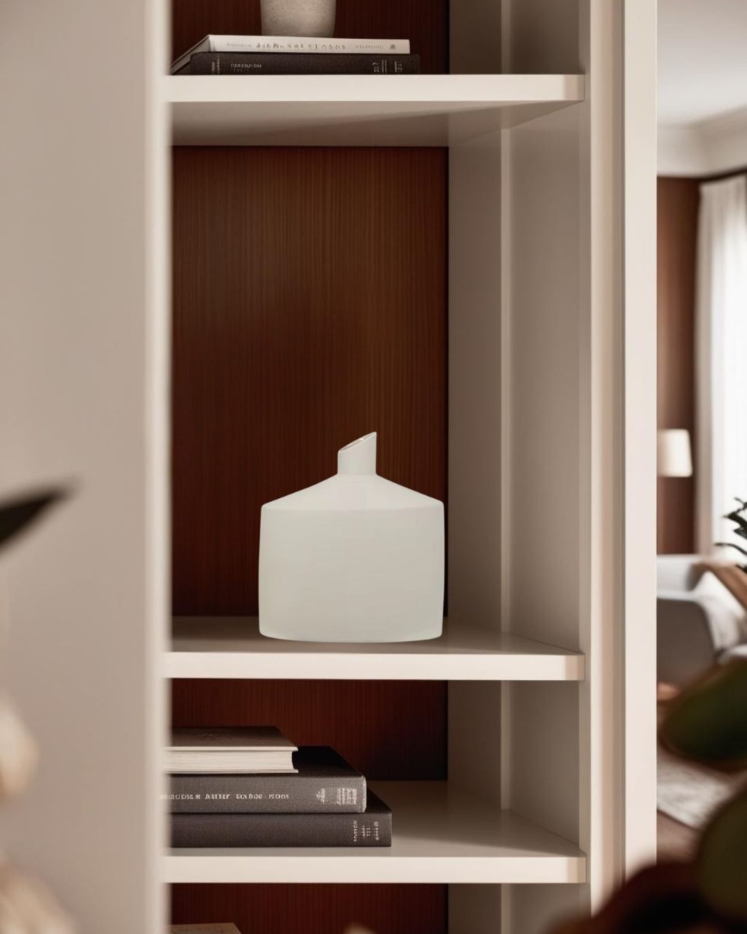 A white porcelain vase with an oblique neck placed on a shelf inside a wooden bookcase, with books and a framed picture in the background.