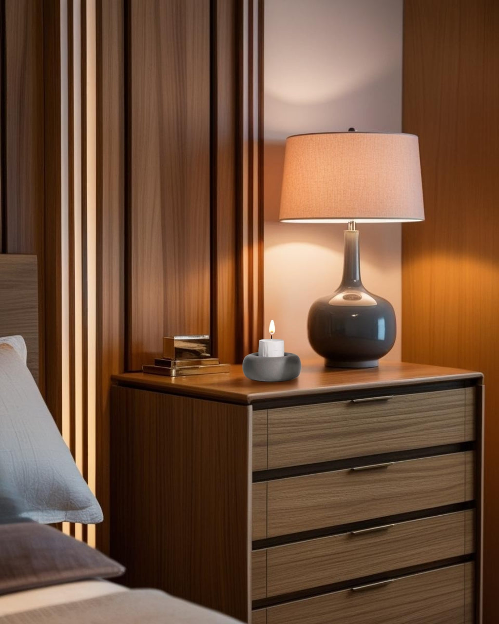 modern candle holder in a nighstand
