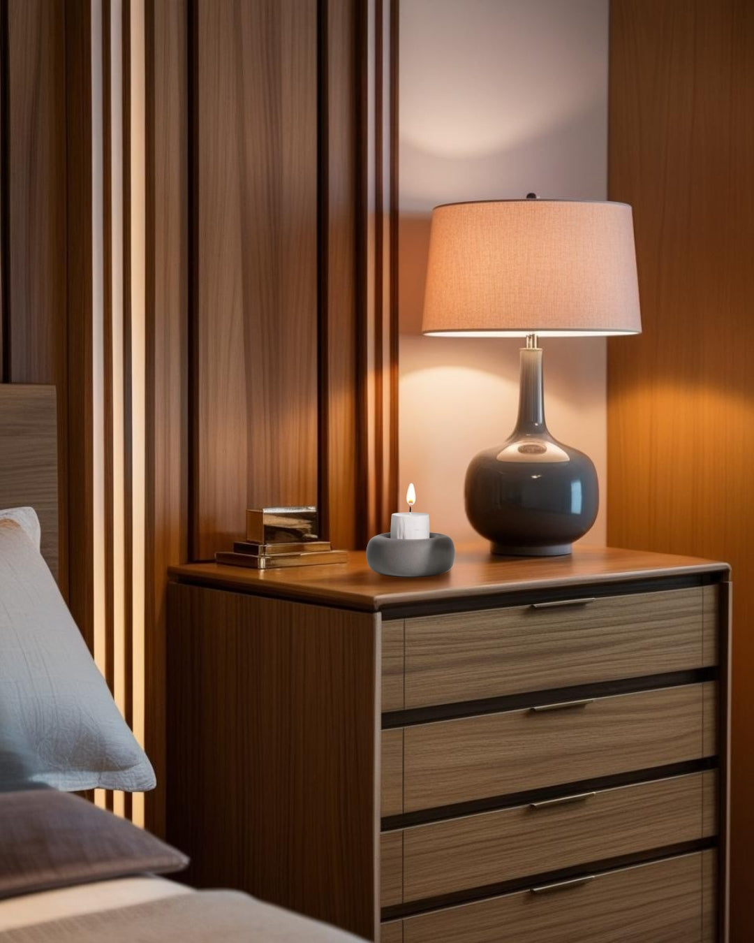 modern candle holder in a nighstand