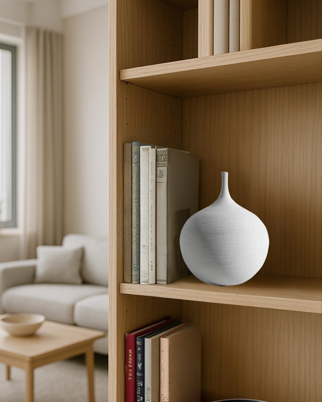 White ceramic vase on bookcase in a compact Japandi living room in an apartment