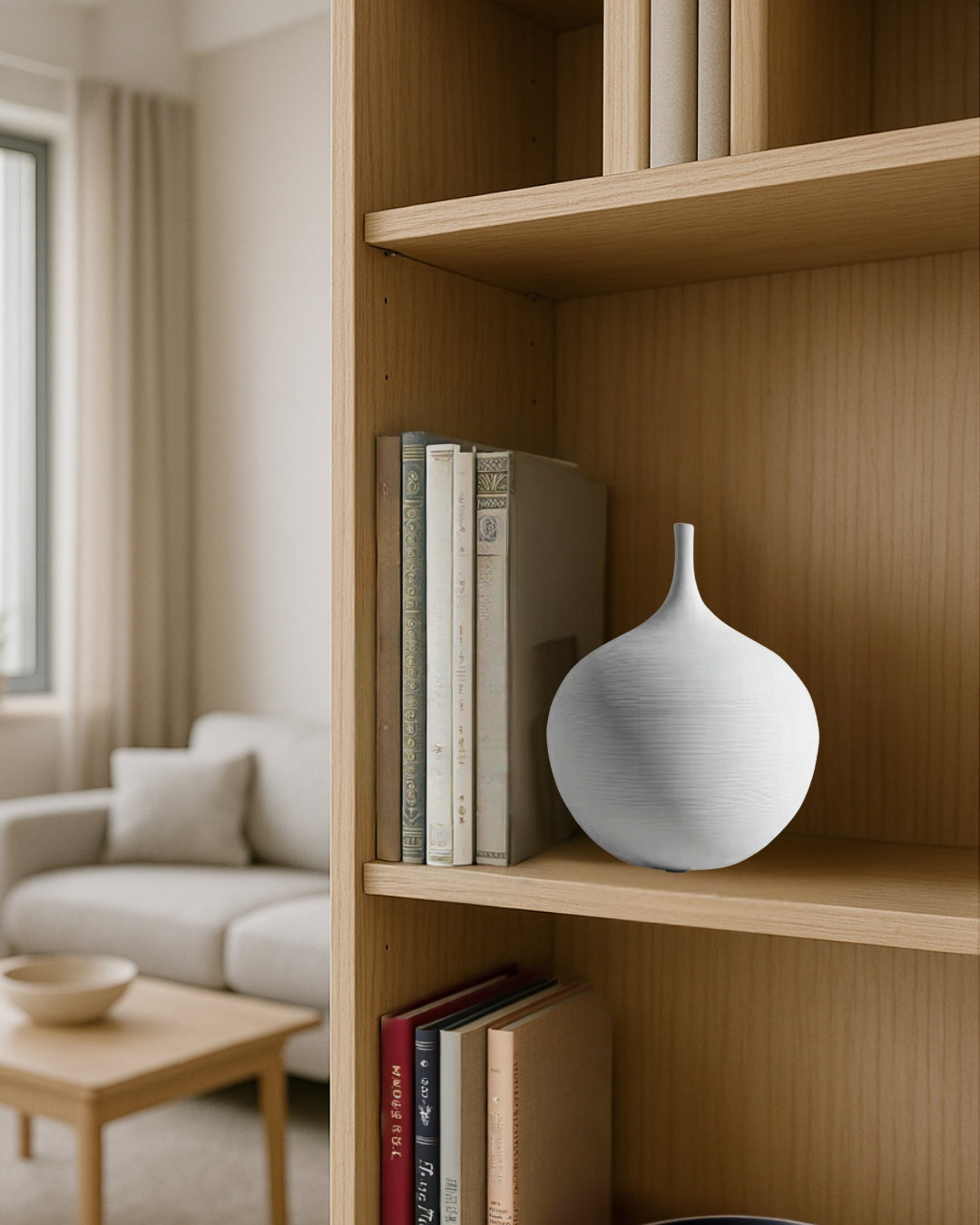 White ceramic vase on bookcase in a compact Japandi living room in an apartment