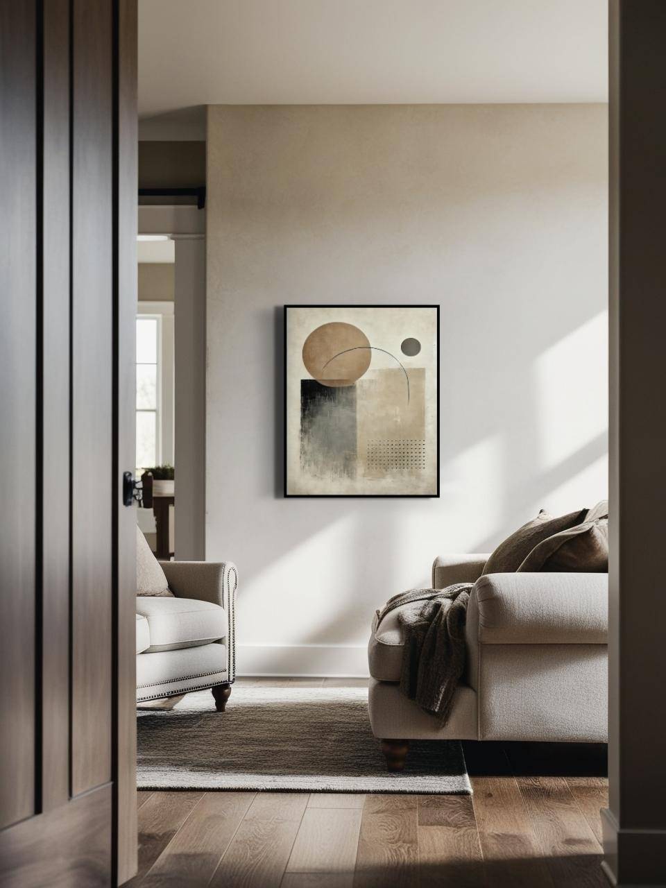 A framed abstract wall art canvas hanging on a wall, featuring geometric shapes in warm earth tones, with a sofa and armchair in the background.