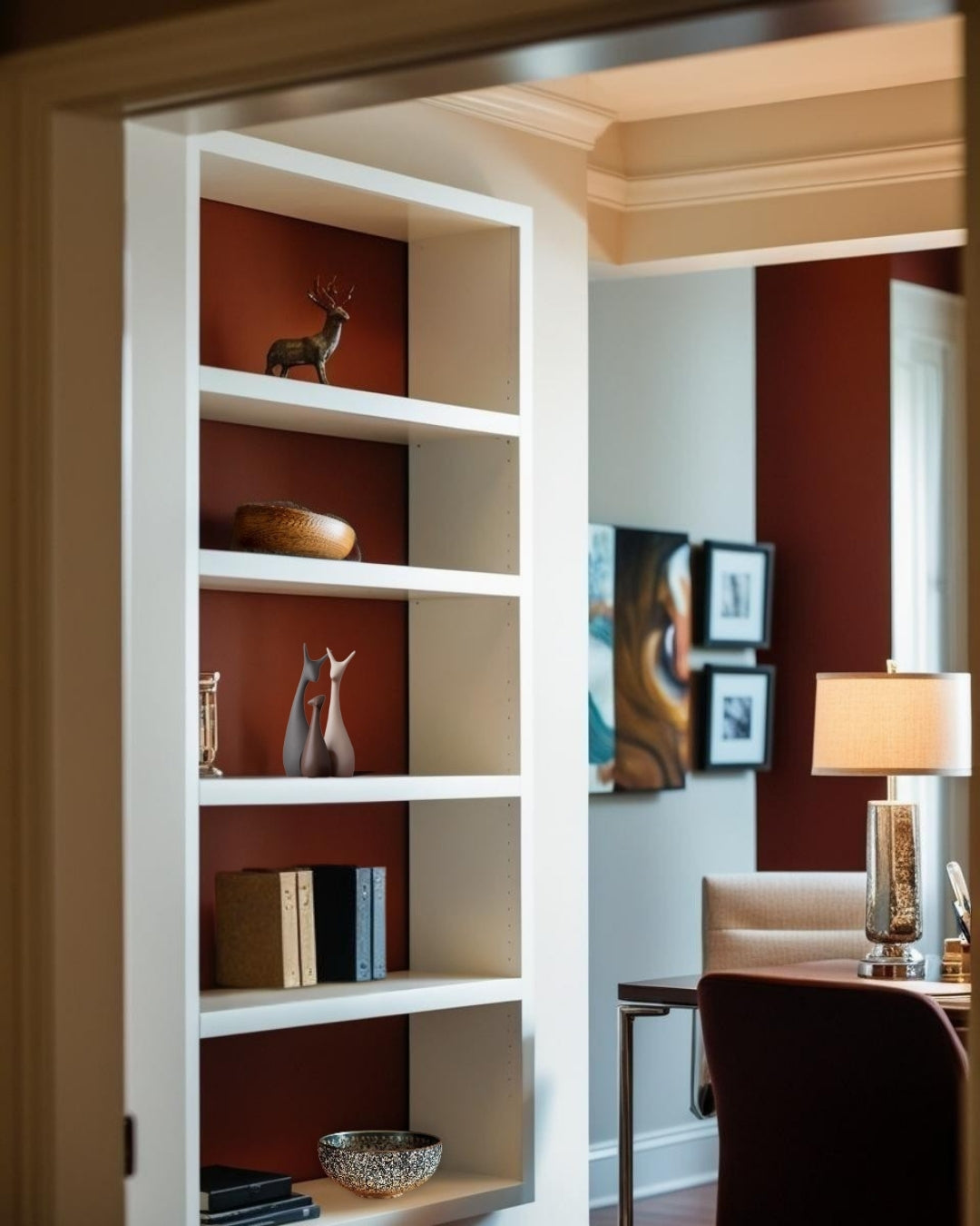 animal decorative accents on built-in shelf in cozy home office