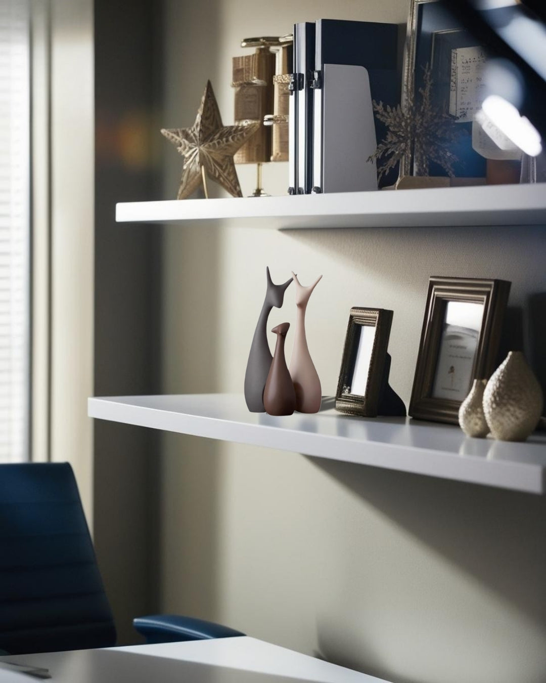 animal figurine decor on white floating shelf in home office desk