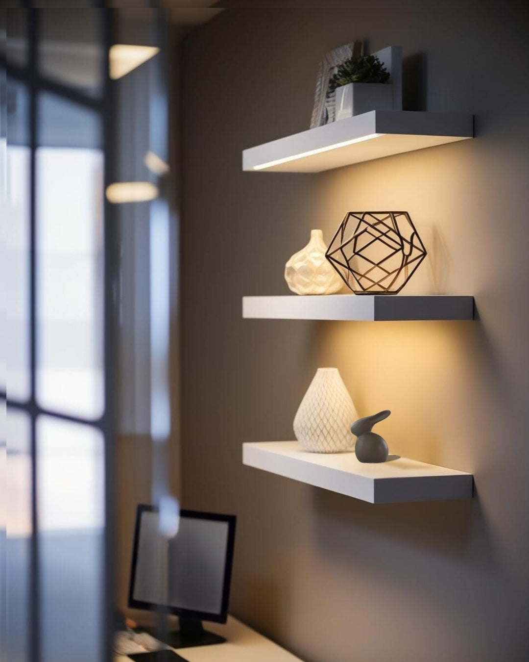 Animal figurines on white floating shelf in home offce