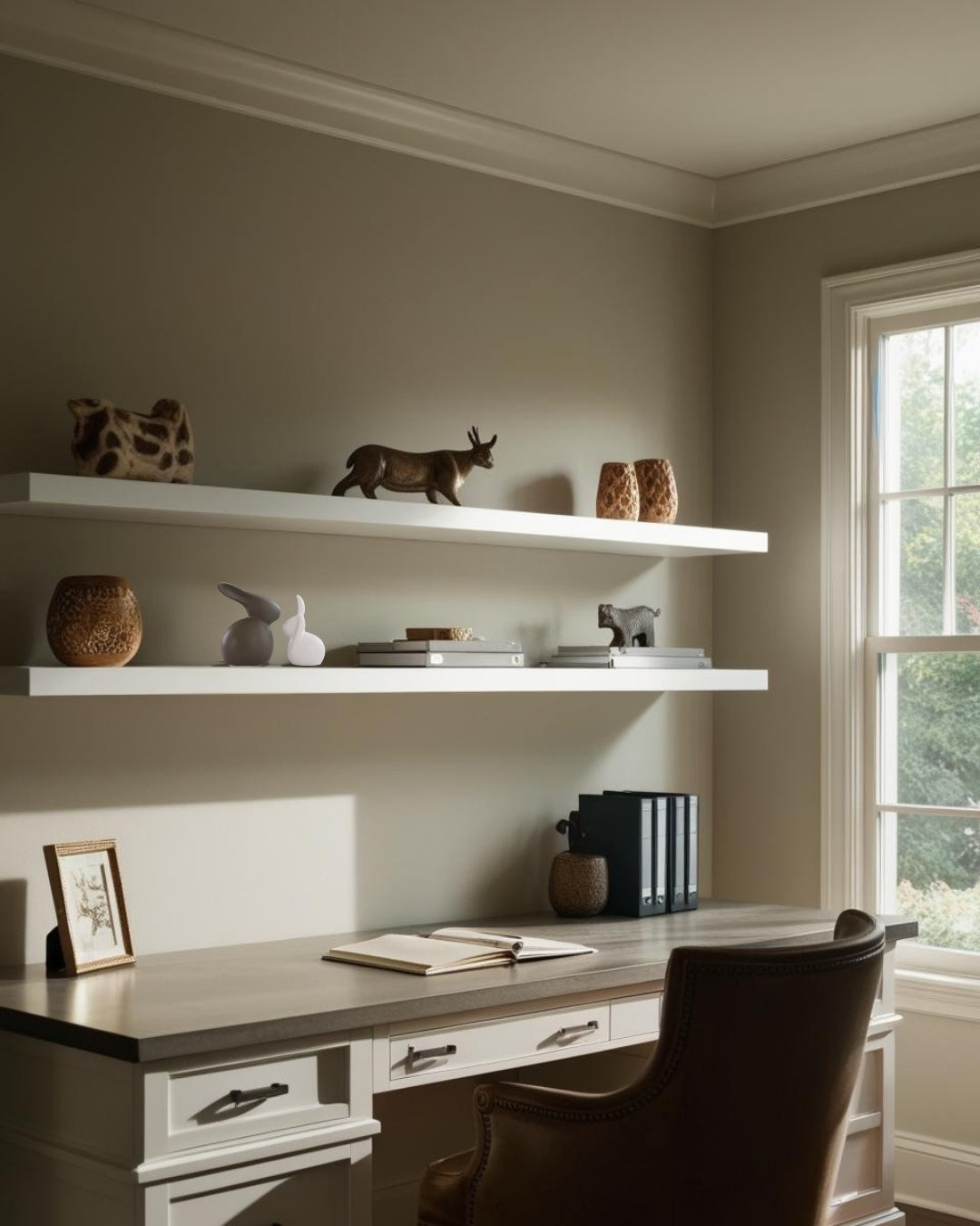 Animal inspired figurines on white floating shelves above desk in bright farmhouse style home office