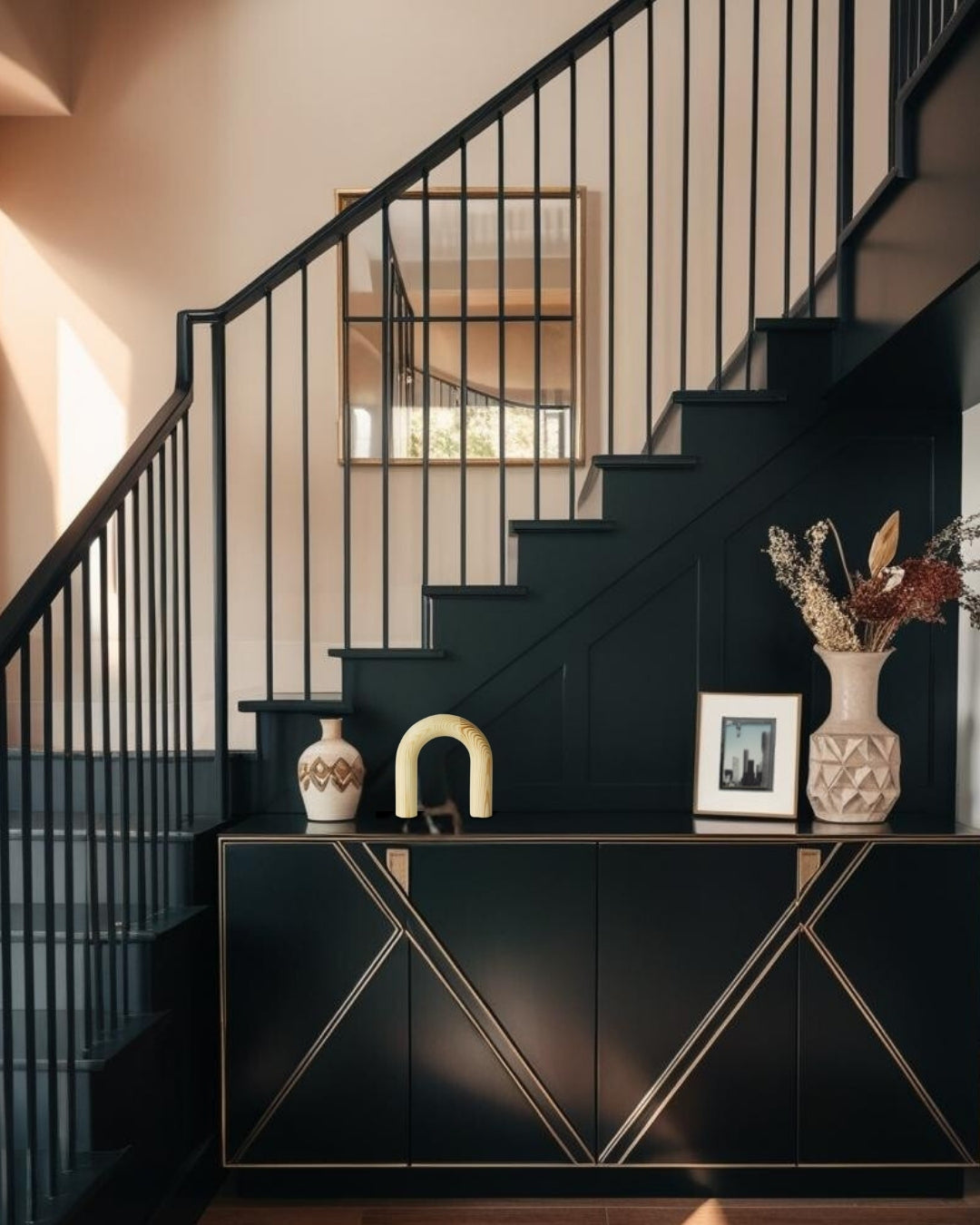 Arch-shaped decorative wooden accent on black entry table table in farmhouse style entry with staircase