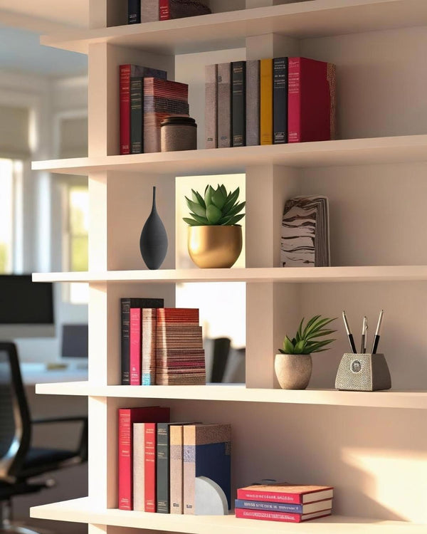 Arched white modern bookend on a white bookcase in a rustic-modern home office with books, potted plants, and minimalist accessories