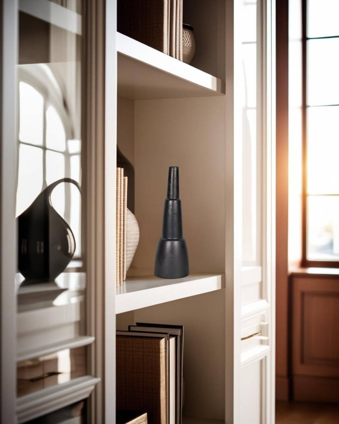 Black decorative accent on built-in white shelf beside mirror and console in farmhouse entryway