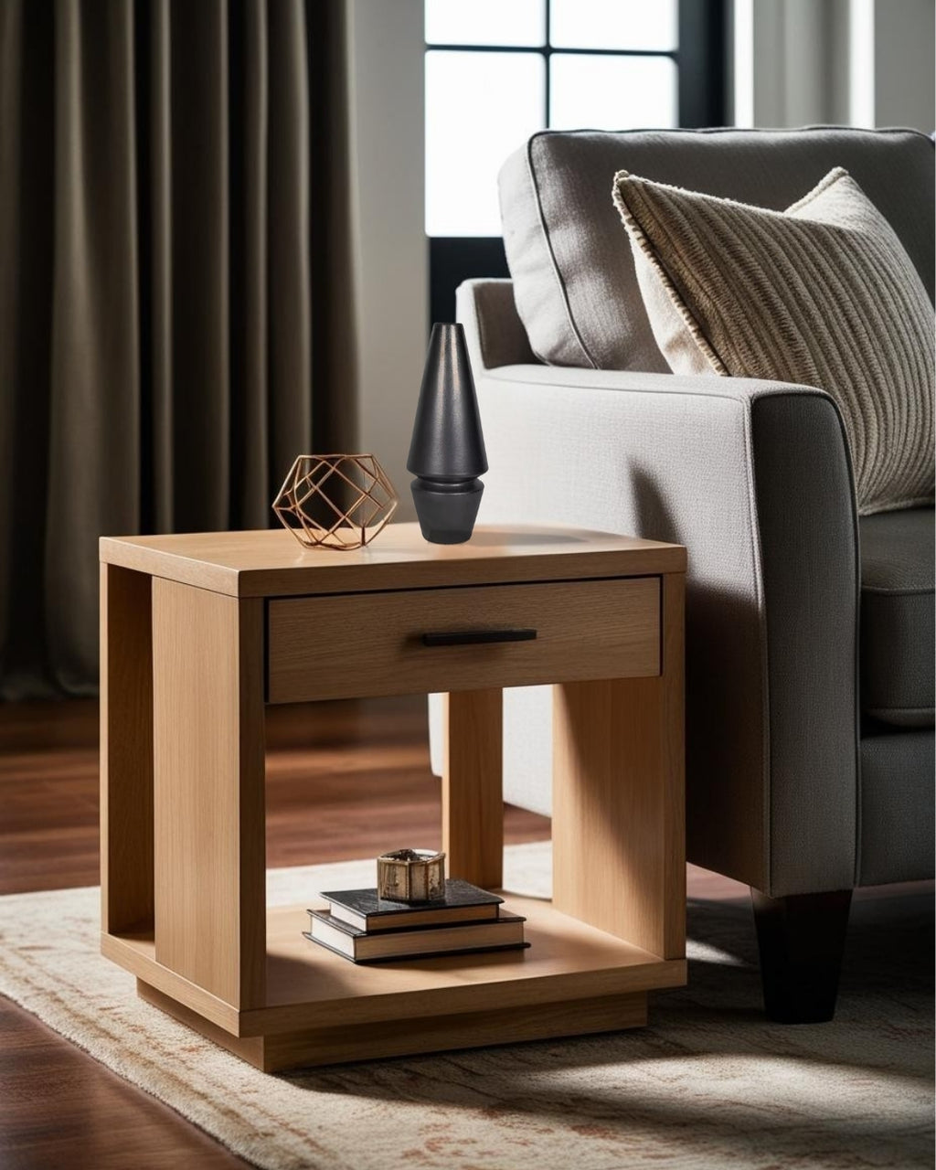 Black cone-shaped decorative accent on wooden end table next to light sofa in scadinavian living room