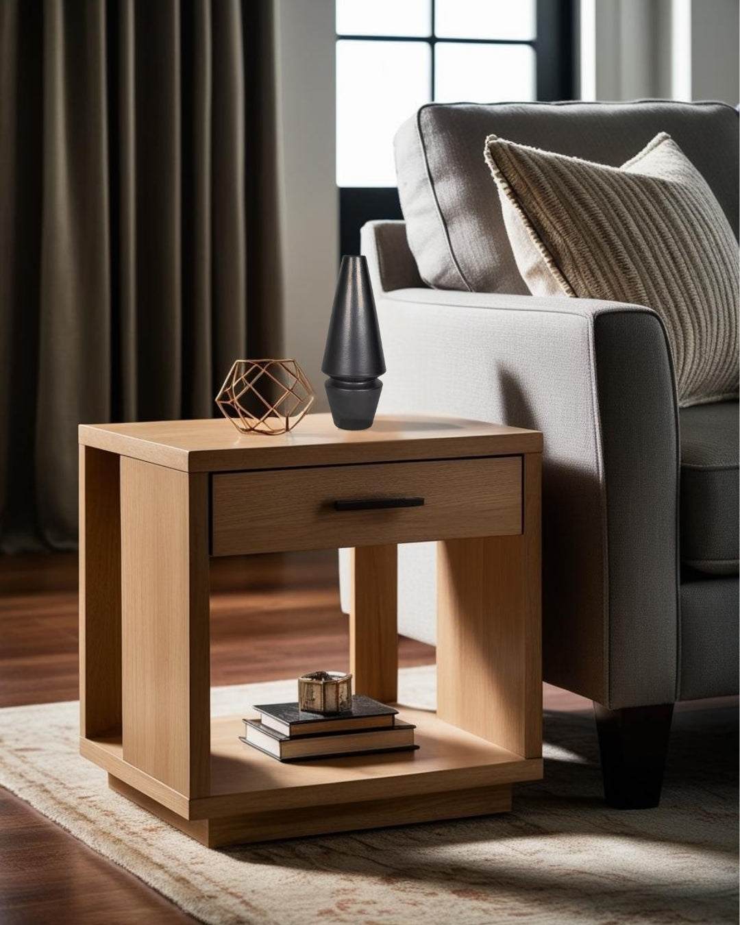Black cone-shaped decorative accent on wooden end table next to light sofa in scadinavian living room