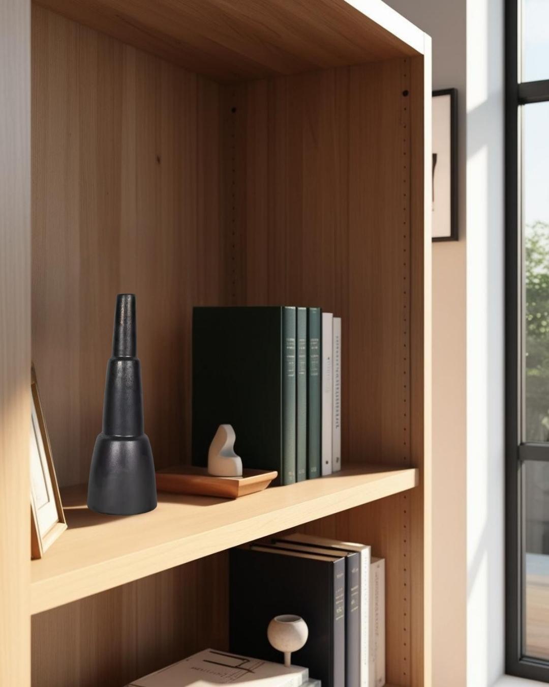 Black decorative sculpture on light wood shelf in cozy living room