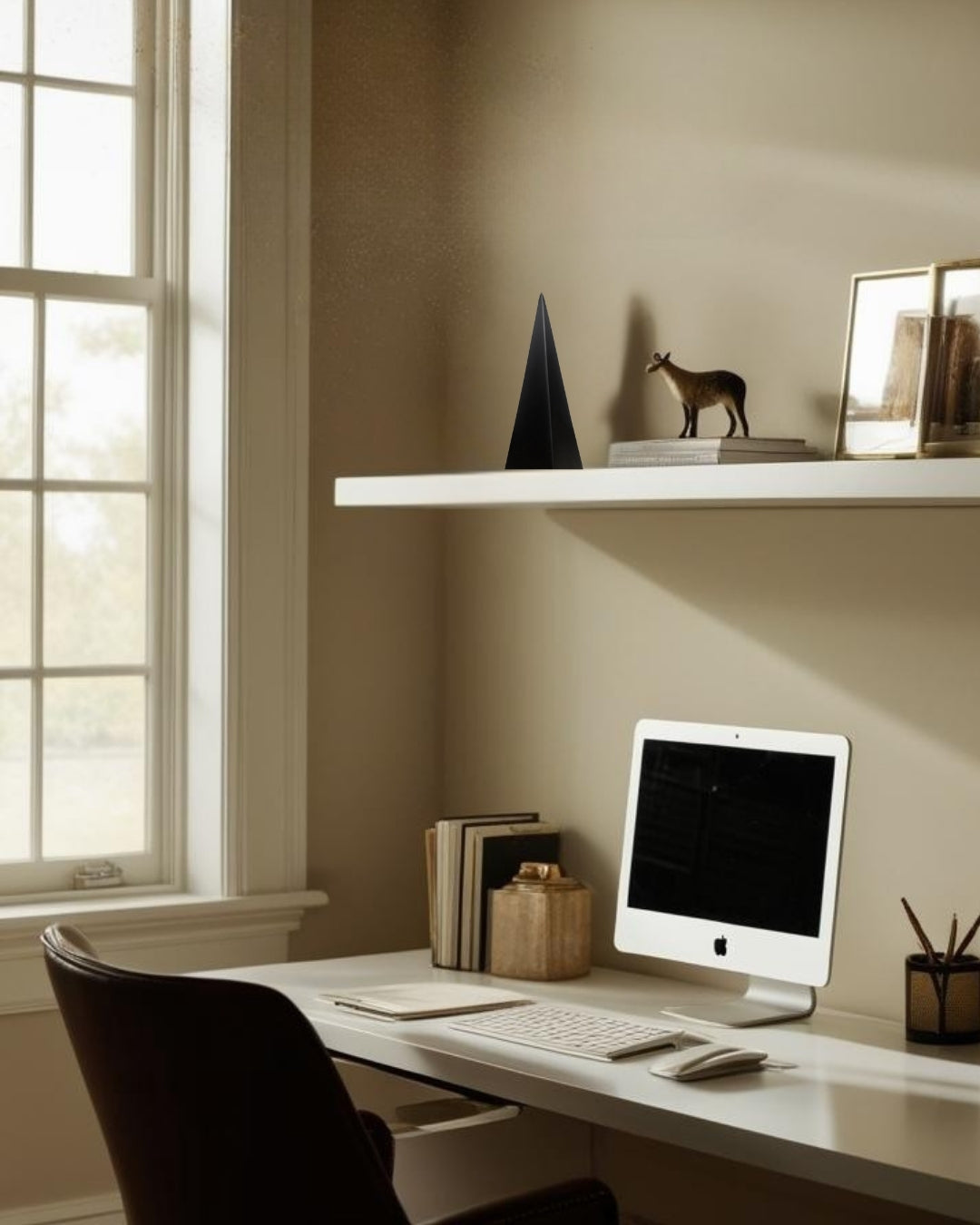 Black geometric pyramid decorative accent on floating shelf in farmhouse style home office