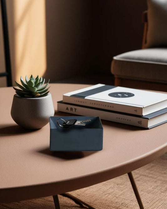 Minimalist valet tray on modern office desk with neutral tones and clean lines