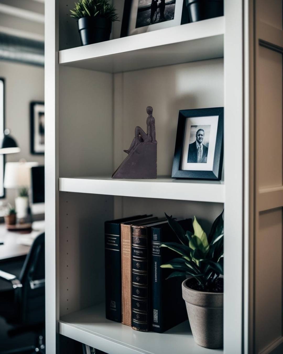black modern human sculpture on white bookcase in a Japandi style home office
