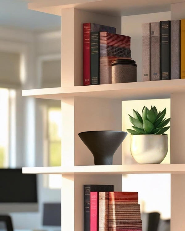 Black decorative porcelain bowl on white bookcase with books and plant in a Scandinavian style home office