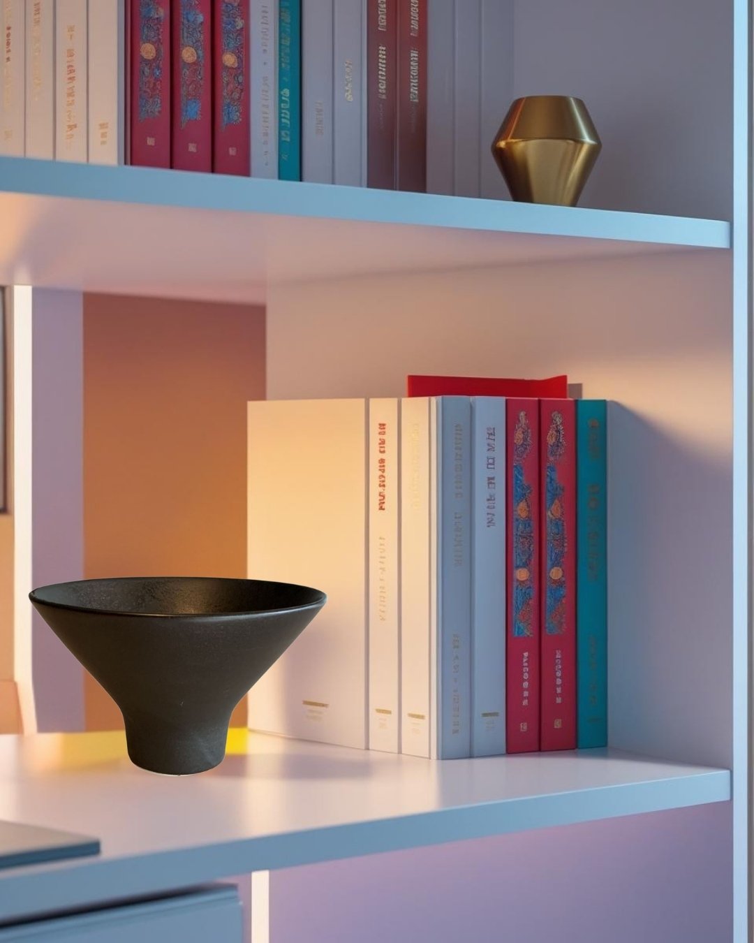 Black porcelain bowl on a backlit bookcase with colorful books in a Scandinavian style home office