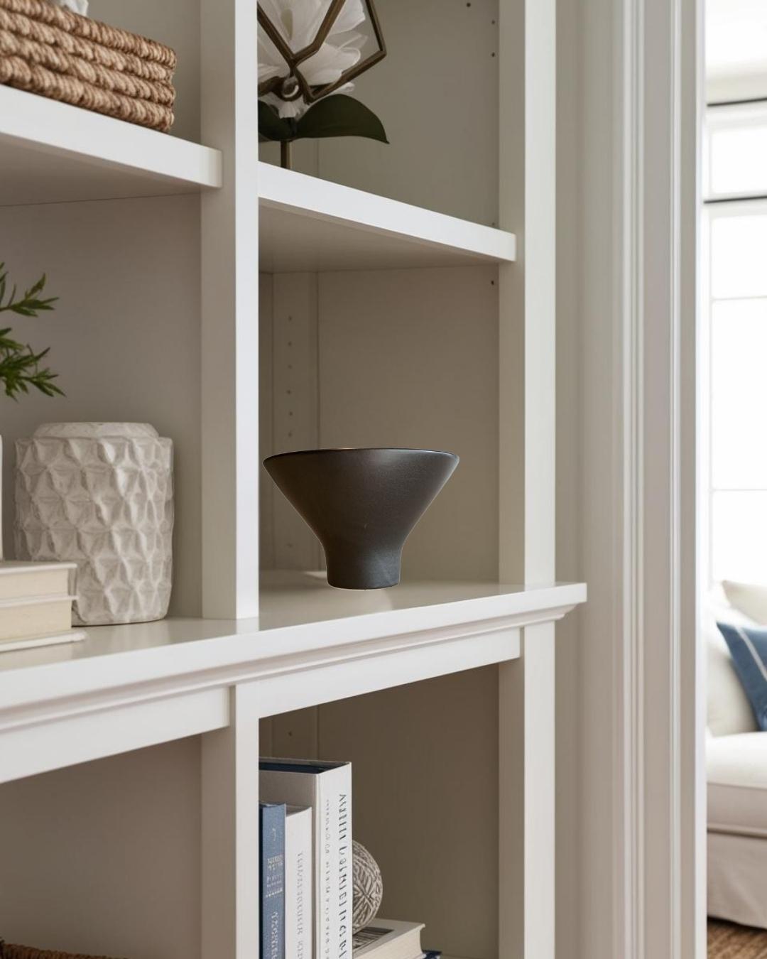 Black porcelain bowl on shelf in a cozy farmhouse style living room with natural textures.