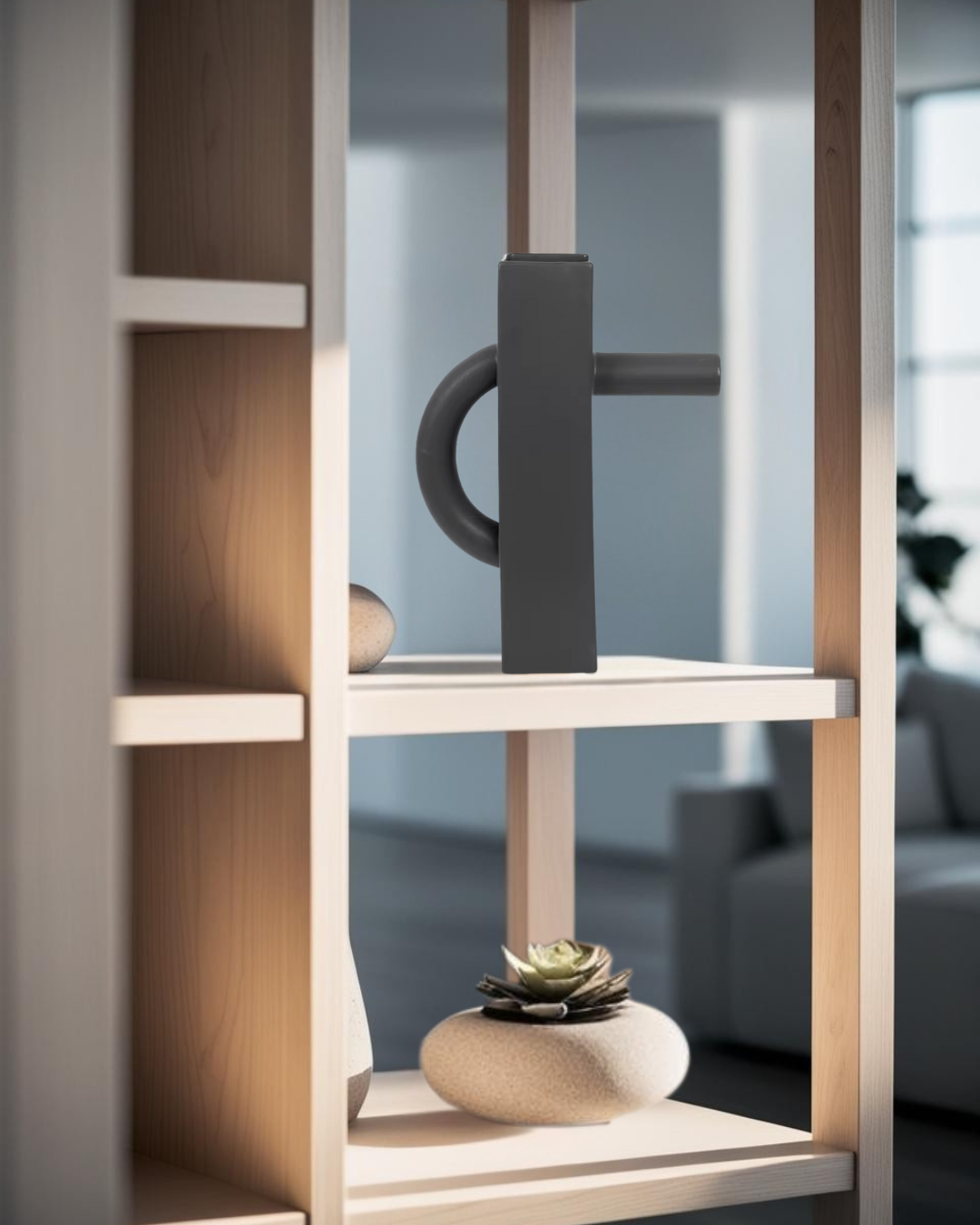 Black rectangular ceramic decorative pitcher on shelf in a living room