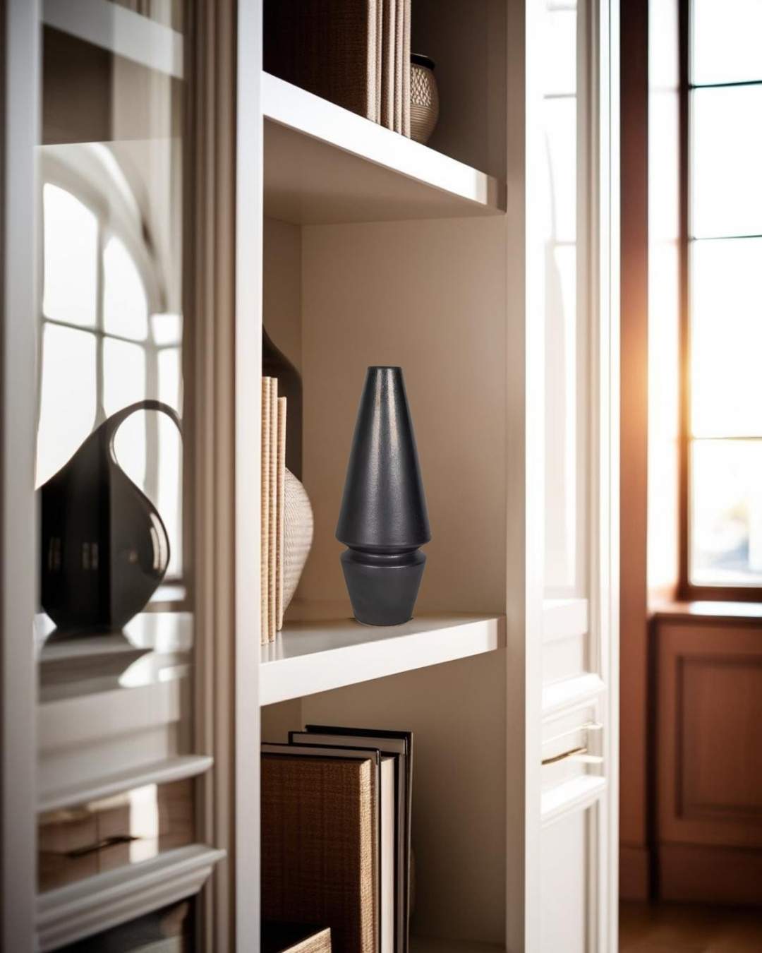 Black sculptural accent on shelf in entry