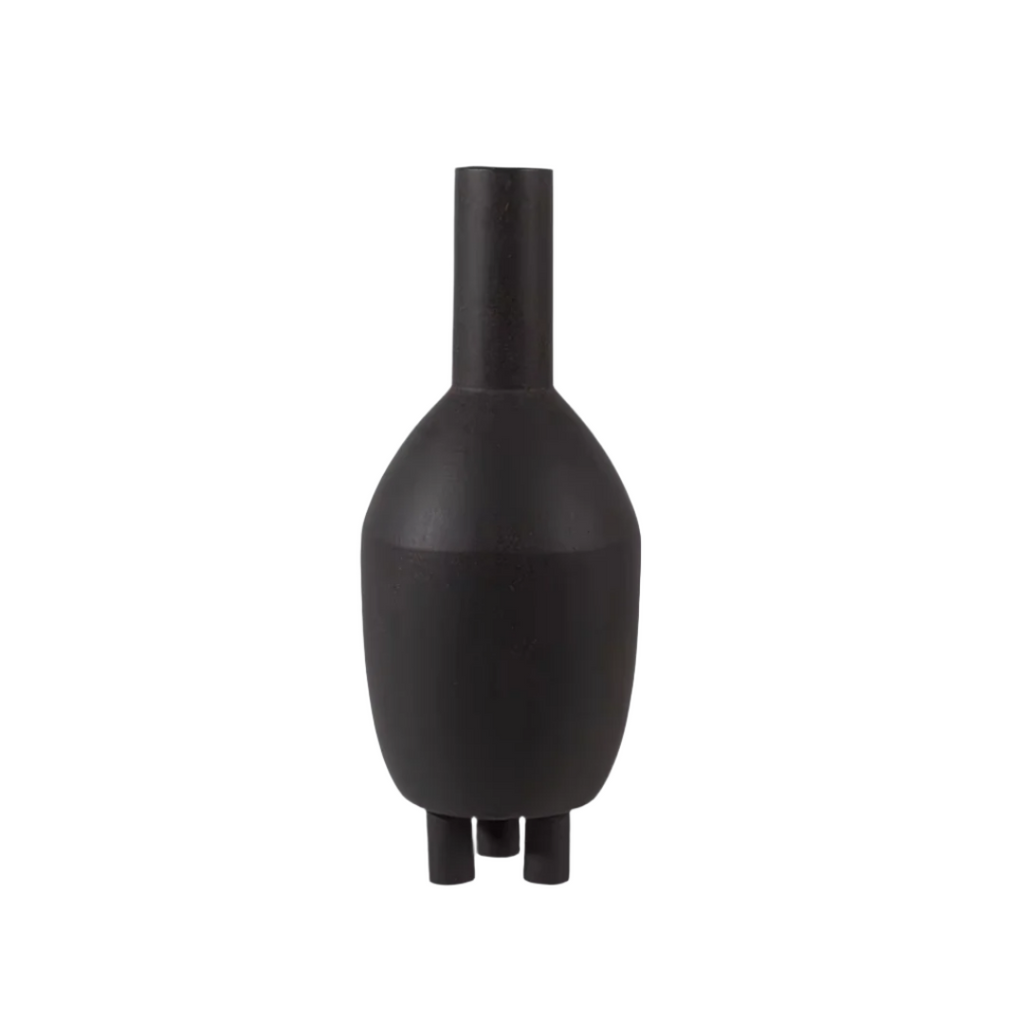 Black sculptural ceramic vase isolated on white background, Wabi-Sabi style

